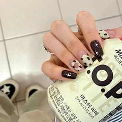 秋冬豹紋拿鐵穿戴美甲冰透短款顯白假指甲片可拆卸指甲貼片成品