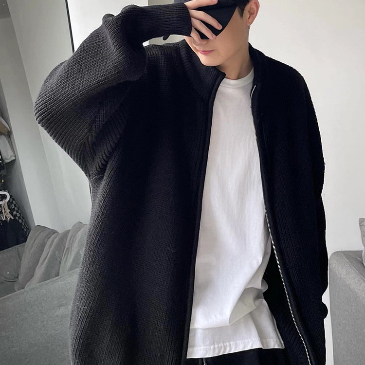 Unisex Zip-Front Knit Sweater – Oversized Drop-Shoulder Cardigan With Stand Collar (Polyester Fleece, Grey/Black, M-3XL)_voghion.com