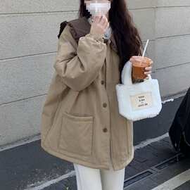 大码女装2025冬季新款胖mm韩版边娃娃领拼接宽松棉衣棉服外套