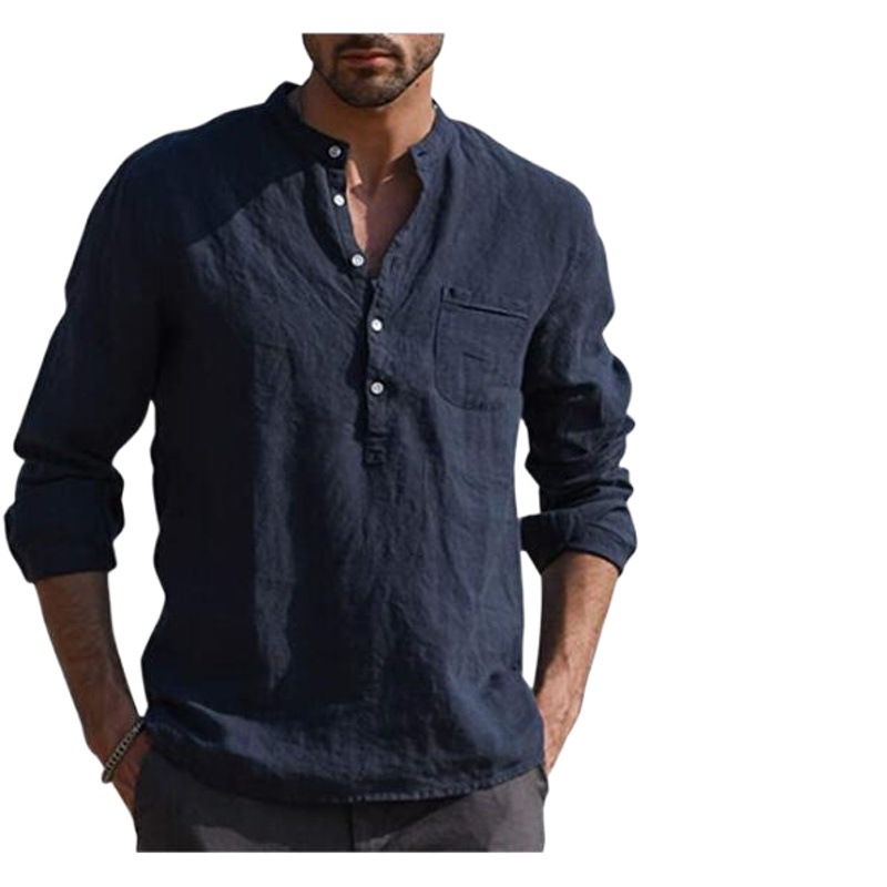 2020 AliExpress desea Amazon Venta caliente de los hombres de manga larga con cuello en V casual playa camisa de lino ropa de hombre