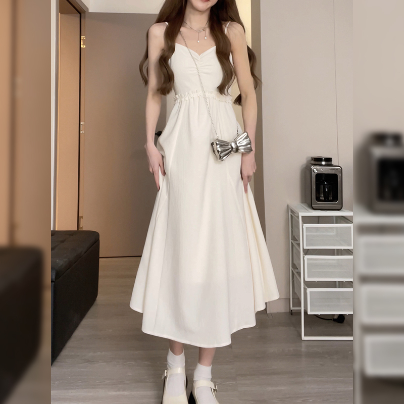 法式初恋白色吊带连衣裙女2024夏季收腰显瘦仙女气质温柔打底长裙