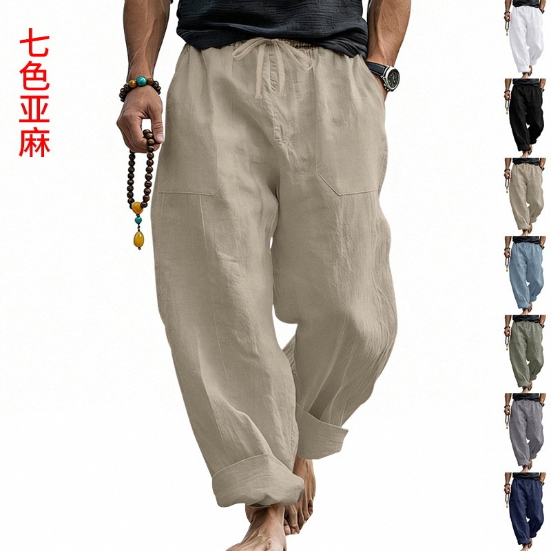Cross-Border European and American New Style Men's Loose Linen Trousers Casual Pants with Front Drawstring Pockets Straight-Leg Comfortable Soft Pants