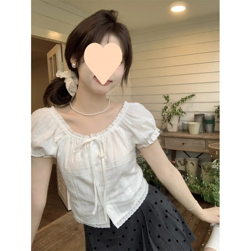 Small Size Short New Lace Ruffle Bubble Shirt Summer Slim Fit Short Sleeve Chic Shirt Sweet Top 