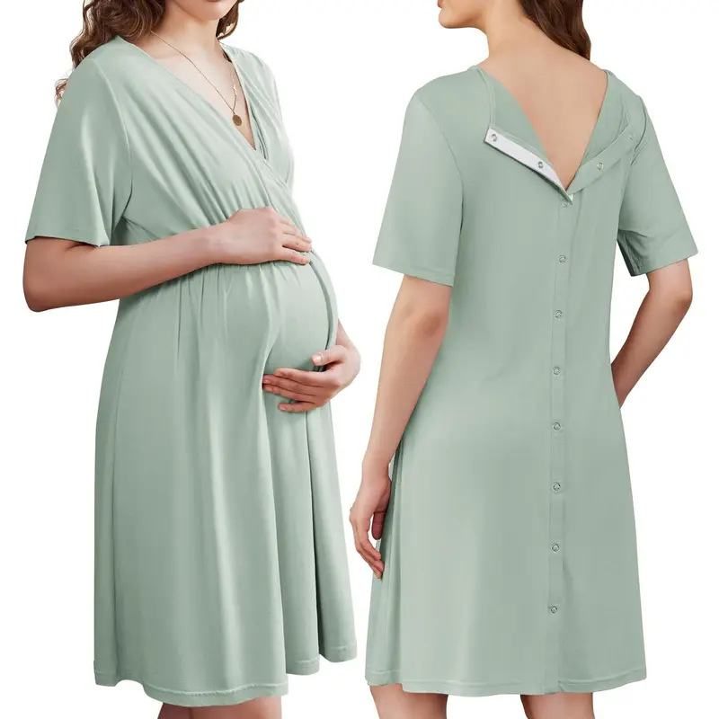 Stillkleid für Schwangere, Kurzarm, Weicher Stoff, V-Ausschnitt, Stillzugang und Einfacher Tragekomfort, Schwangerschafts- und Krankenhauskleid – Detail 9