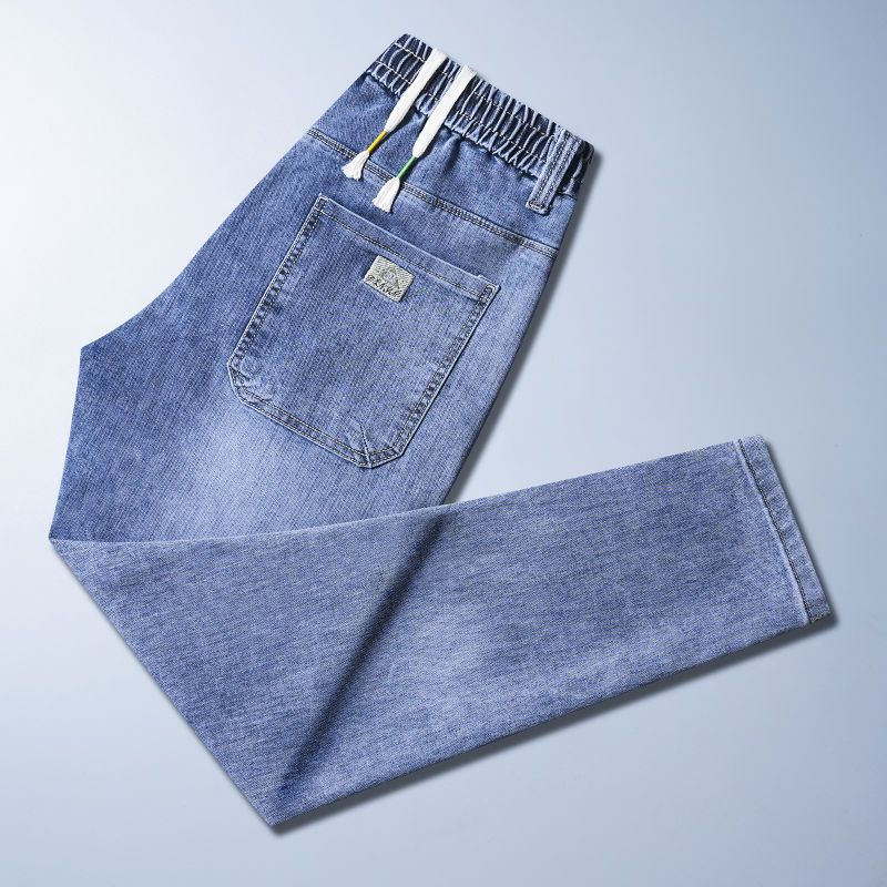 2023 Summer Thin Jeans Breathable Loose Elastic Waist Trendy Brand Straight Tube Workwear Men's Casual Pants_voghion.com