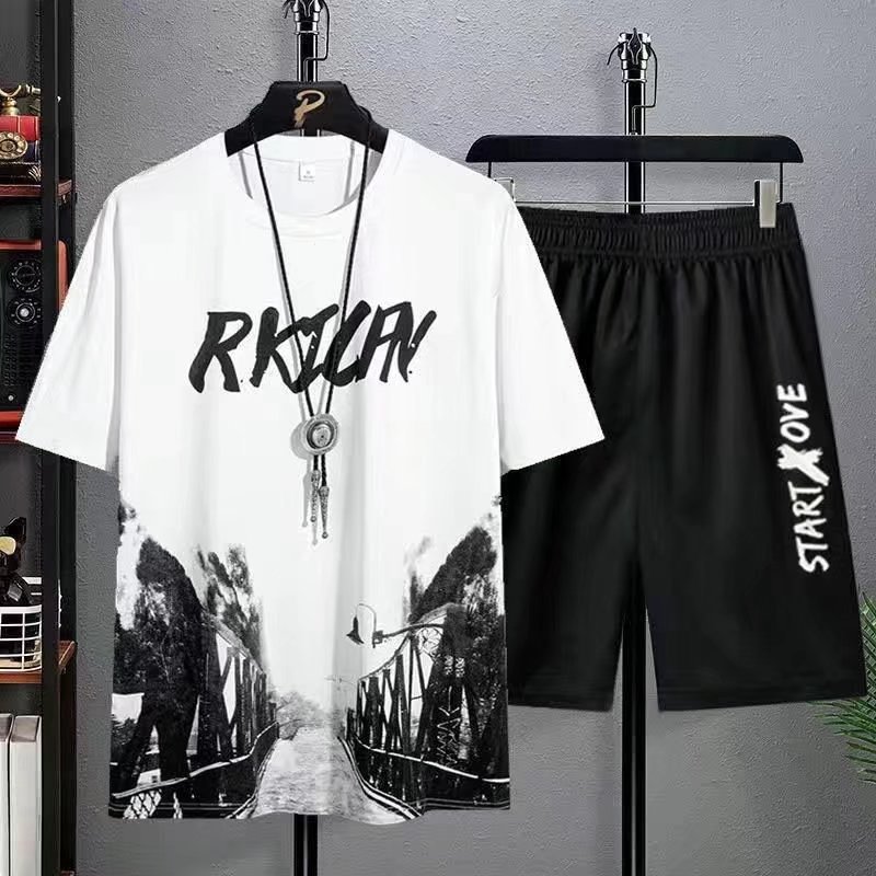 Camisa de manga corta pantalones cortos traje de estilo coreano más tamaño moda de tinta de moda pintura estilo nacional personalizado Comercio exterior Suministro Superior