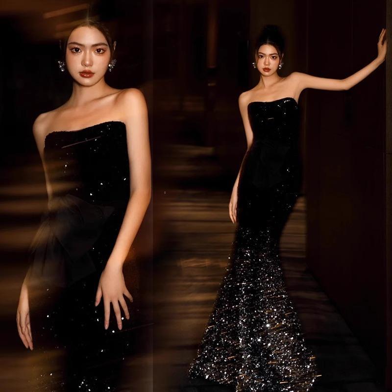 Black Strapless Evening Dress Sequins Birthday Dinner Annual Meeting Host Show Gradient Starlight Wedding Dress