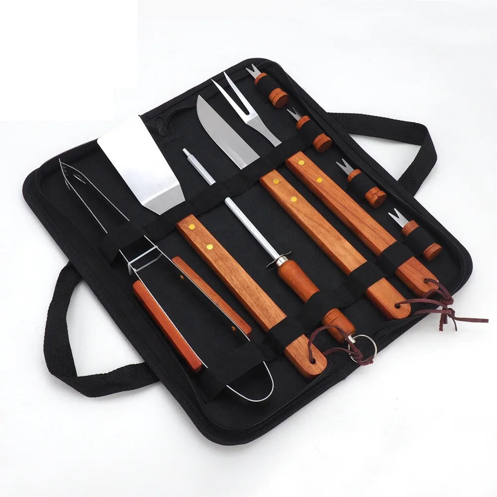 Amazon acero inoxidable mango de madera parrilla set de herramientas de bebida salvaje al aire libre BBQ casa parrilla combinación set de bolsa de tela