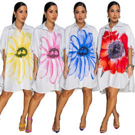 Y1333亚马逊独立站2025欧美女装休闲时尚印花衬衣开衫短款连衣裙