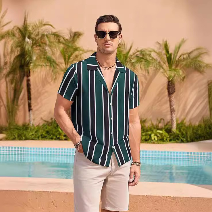 2024 Summer Beach Casual Style Amazon Popular Striped Shirt Breathable and Plaid Short Sleeves