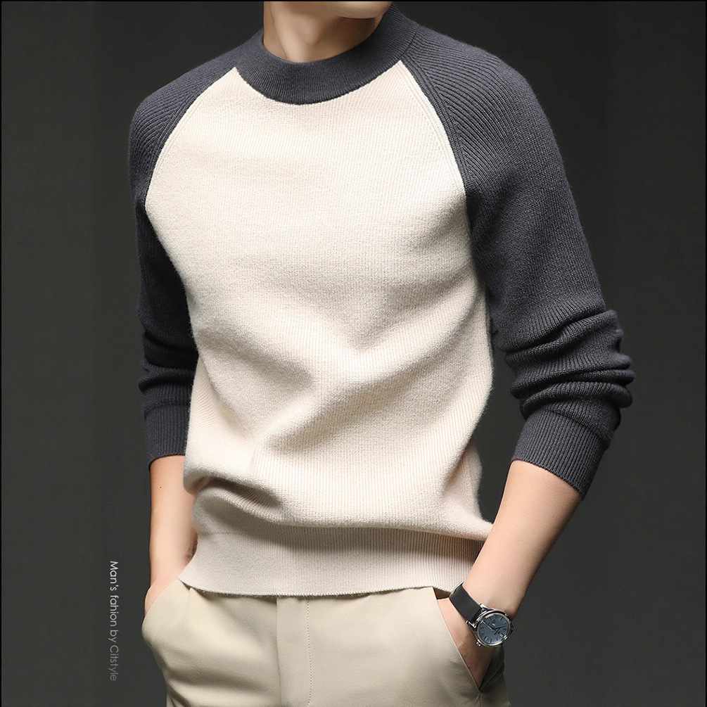 Suéter de cuello redondo de otoño y invierno comercio exterior delgado hombre casual top de color contrastante marca de tendencia camisa de punto