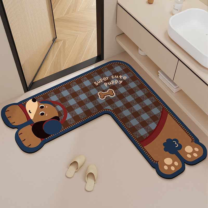 Cute Cartoon Dachshund Kitchen Bathroom Corner L-Shaped Diatom Mud Absorbent Floor Mat Stain-Resistant Dust-Proof and Wear-Resistant Floor Mat