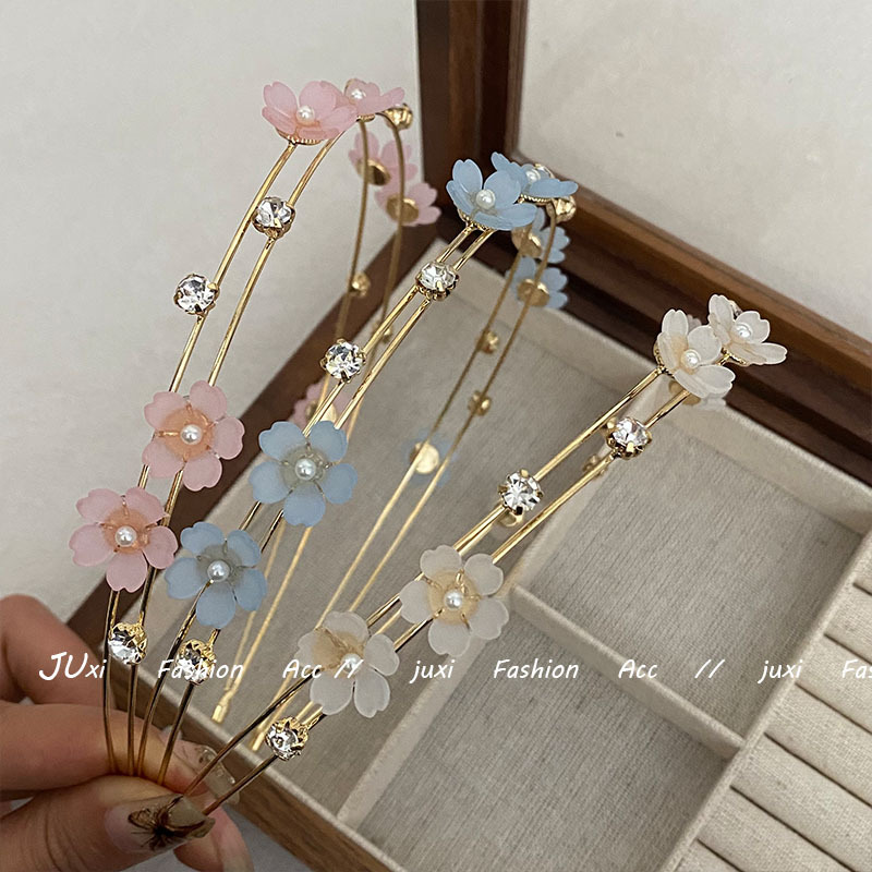 發箍女簡約韓版氣質外出細款花朵水鑽雙層發卡夏季新款精緻髮飾女