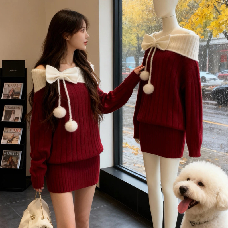 Christmas red bow, sweet one-shoulder design, twisted-knit sweater, age-reducing and slimming effect, perfect for autumn and winter dates, creating a charming and stylish look