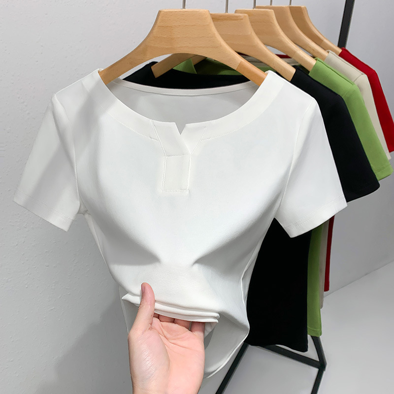 Camiseta de manga corta para mujer verano 2023 nueva camiseta de algodón de color sólido con cuello redondo medio abierto para mujer