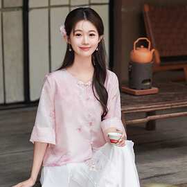 好质量中式国风提花薄款夏季外套盘扣开衫印花女上衣