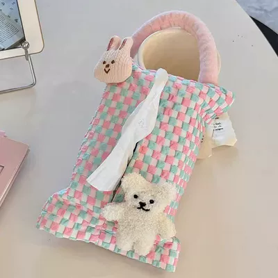 Bag Hanging Bag Cute Scrub: Car tissue box/set - no-specifications-fabric-prick-eared-rabbit-rice-bean-bear-pink-and-blue-fabric-hanging-tissue-bag