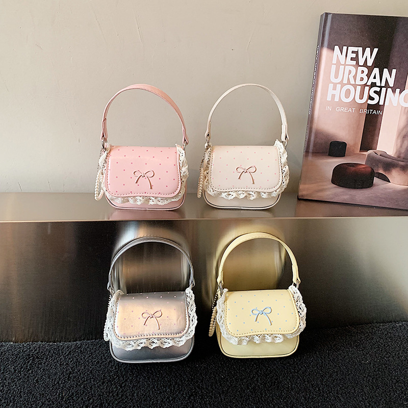Pequeño bolso de arco de encaje fresco y dulce, mini bolso de hombro de chicas encantador, bolso para niños.