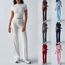 2025欧美新款跨境女装春夏季气质纯色圆领休闲时尚套装短袖长裤