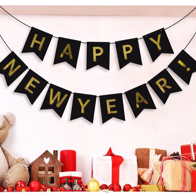 Mayorista 2023 Año Nuevo tira de la bandera negra estampado decoración de fiesta cola de pescado decoración de Año Nuevo feliz
