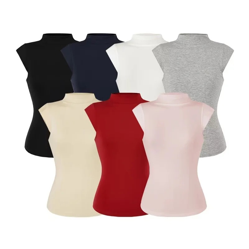American-Style Spicy Girl Tencel Half-High Collar Short-Sleeve High-Waisted T-Shirt for Women, Summer Slim-Fit Waist-Cinching Short Top