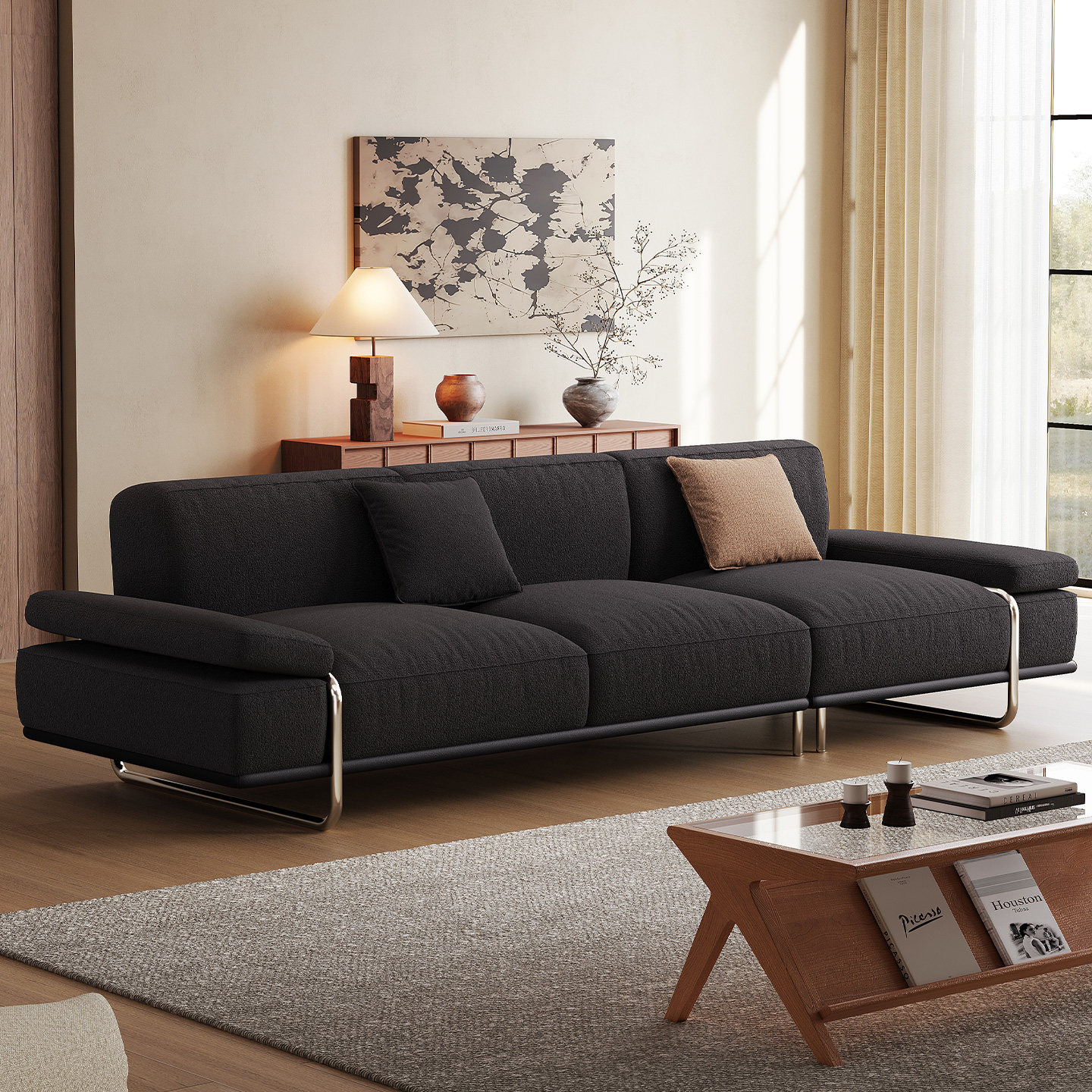 Sofá de tela minimalista italiano gran sofá plano recto sofá de viento crema hotel residencial proyecto de sofá personalizado