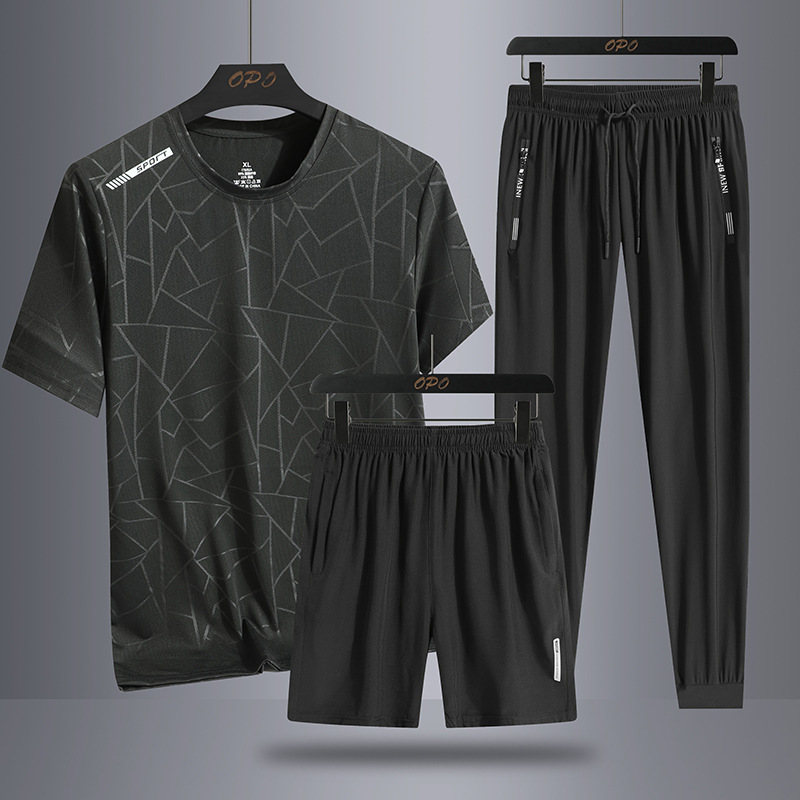 Middle-aged and Elderly Suit Summer Sports Dad Summer Clothes Casual Ice Silk Short-sleeved Men's T-shirt Loose Quick-drying Sportswear