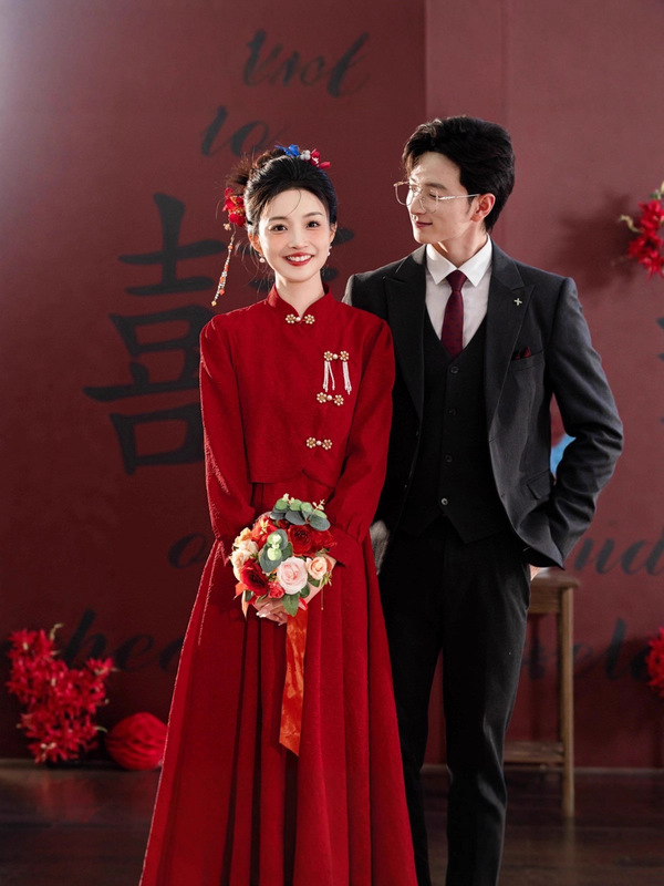 新中式旗袍敬酒服新娘红色回门连衣裙订婚礼服秋冬季长袖结婚便装|undefined