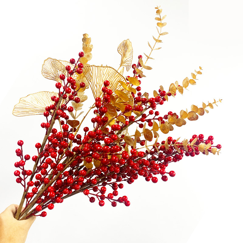 12 frutos rojos de Navidad, frutos de acebo, decoración del Festival de Primavera, fruta roja de espuma de simulación, eucalipto, fruta roja de acebo rica