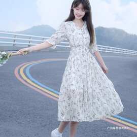 碎花雪纺V领连衣裙中长款复古文艺清新收腰显瘦长裙女2025夏新款
