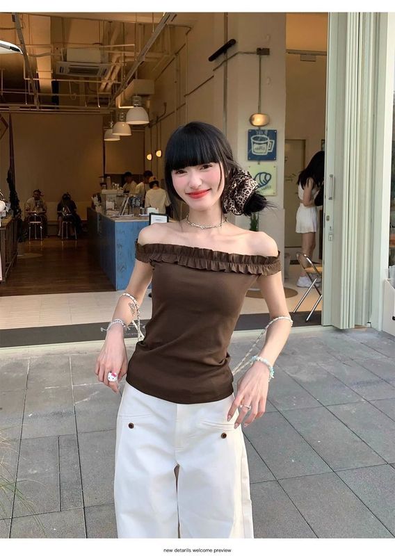 スイートスタイルイヤリングワンショルダーオレンジ半袖Tシャツレディース夏シックなスリムフィットホットガールショートトップ|undefined