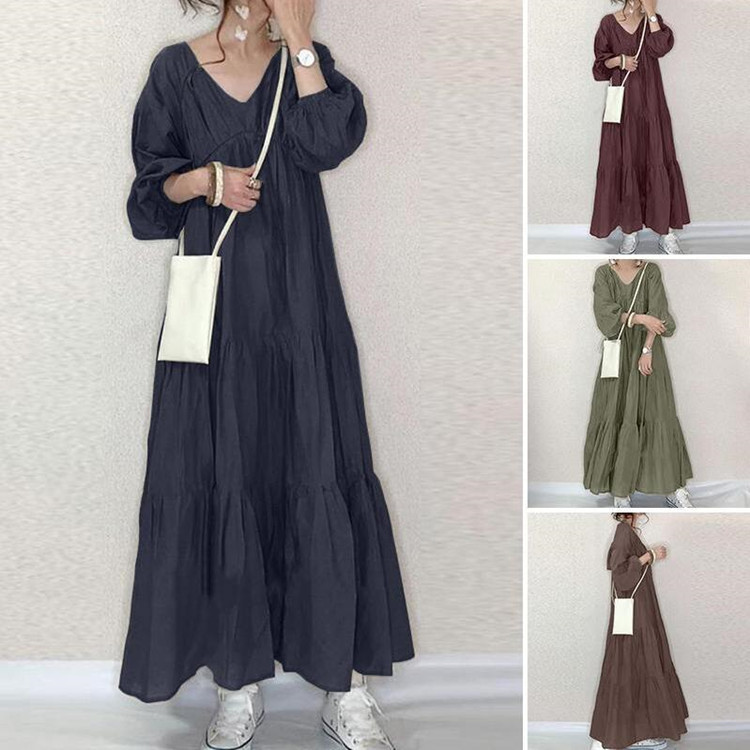 2024 Japanese Style Lined Puff Sleeve Shirt Dress with Vertical Collar V-Neck Seven-Section Sleeve dress Spring and Summer