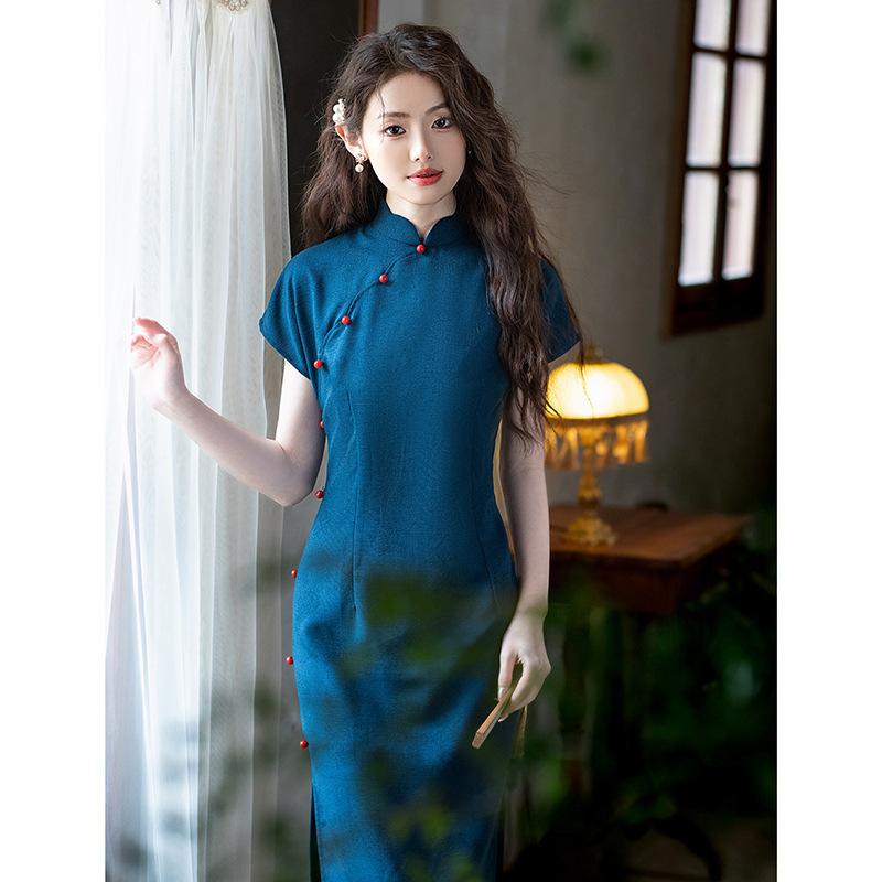 2025 New Style Ancient Style Flat Cheongsam Blue Retro New Chinese Style Beautiful Everyday Plain Elegant Elegant Young Women's Summer Style