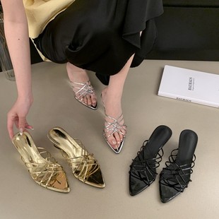 2025 New Summer Style French Stiletto Mid-Heeled Slippers for Women to Wear with Skirts Open-Toe Thin Strap Sandals
