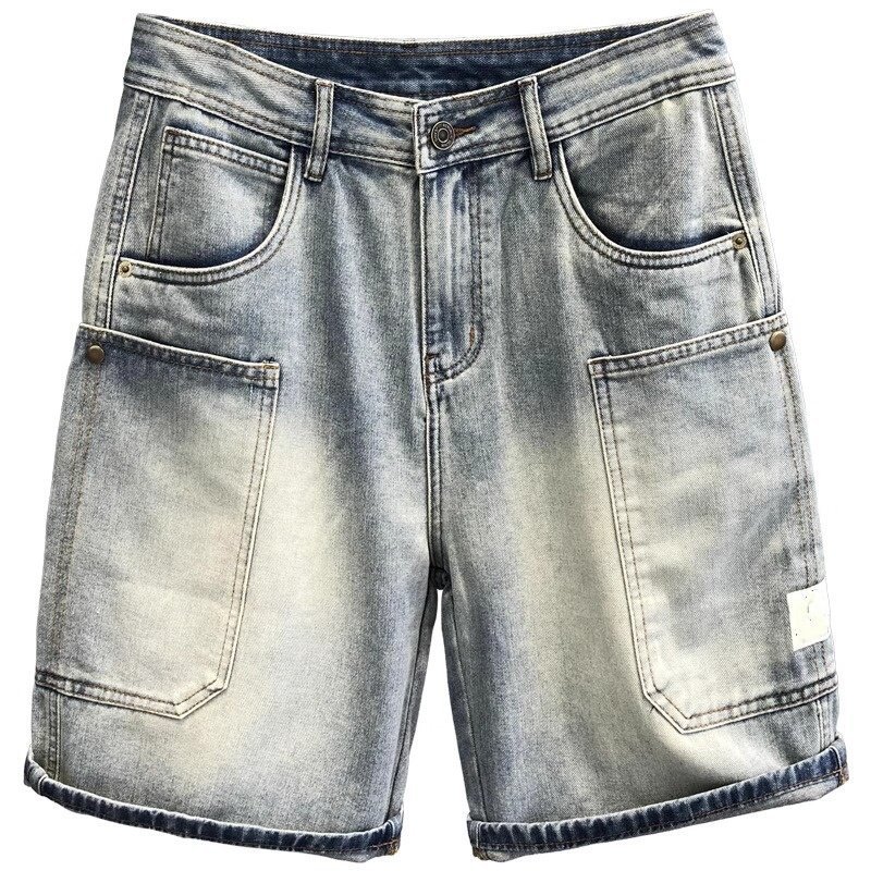 Men's Summer Thin Denim Shorts Casual Loose Fit mid Waist with Multi Pockets High-End Washed Design Trendy Five-Point Pants_mkmklike.com