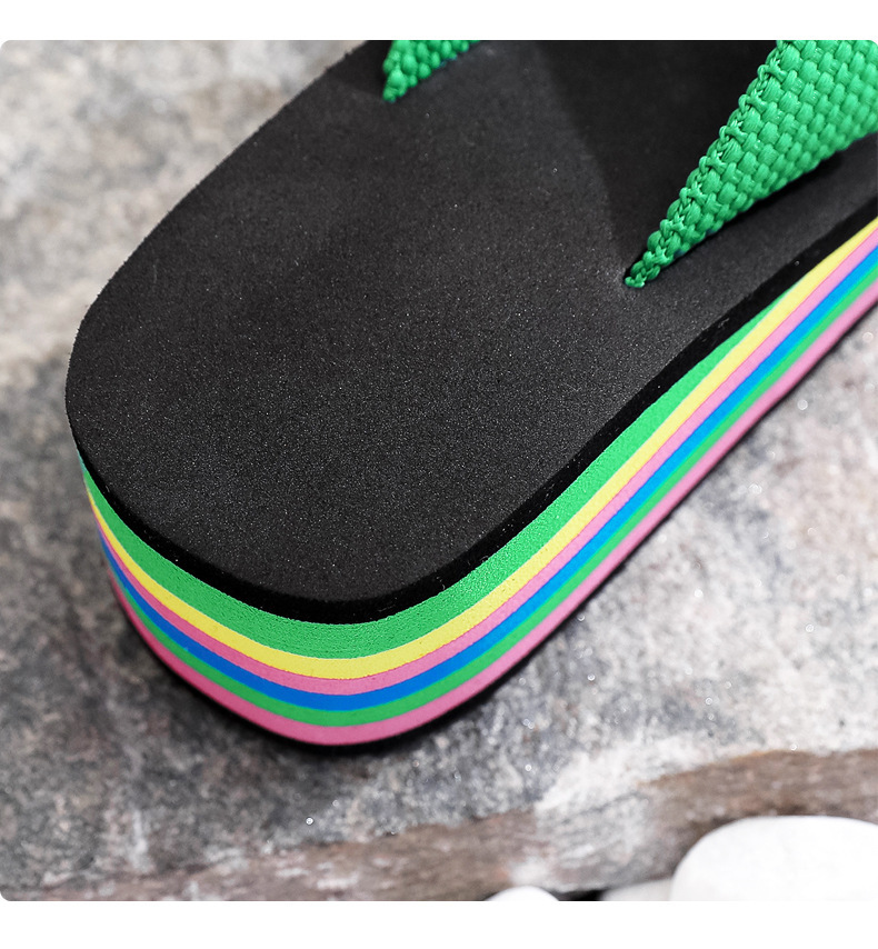 Women's Rainbow Striped Platform Flip Flops Wedge Beach Shoes_voghion.com
