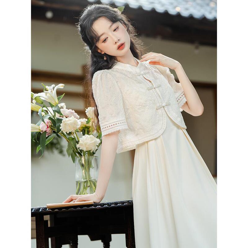 New Chinese-Style National Style Button-Up Top and Dress Two-Piece Set for Women, 2023 New Improved Cheongsam Suit with Short Sleeves