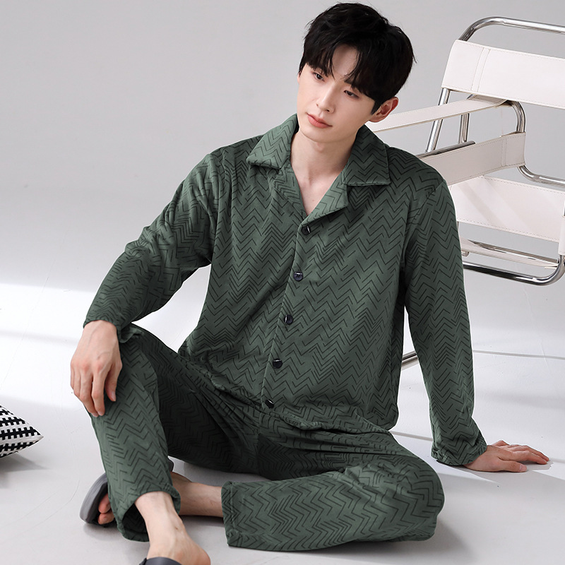 아일랜드 벨벳 가디건 인 가을 겨울 잠옷 남성용 옷깃 긴팔 바지 간단한 가정 의류 세트 외부 착용 가능