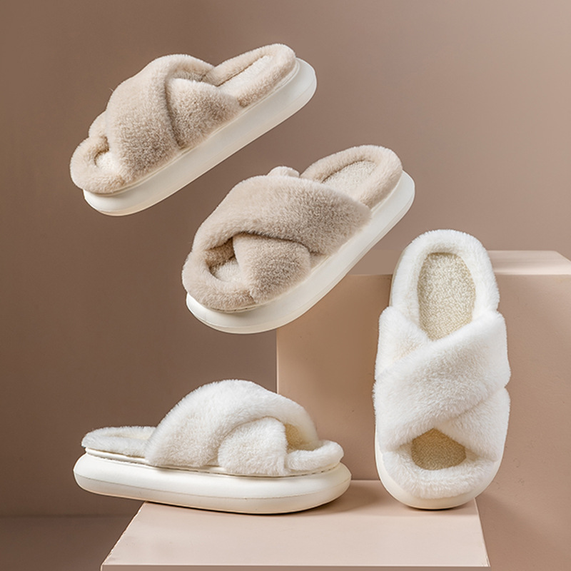 Damenschuhe Winter Fleece Cross mit Drag Cotton Indoor Warm Plus Flauschige Hausschuhe_voghion.com