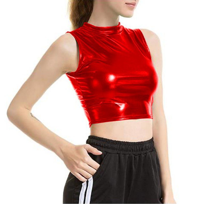 Summer o-neck mini top women's fashion High Street tight vest shiny metal dance crop top