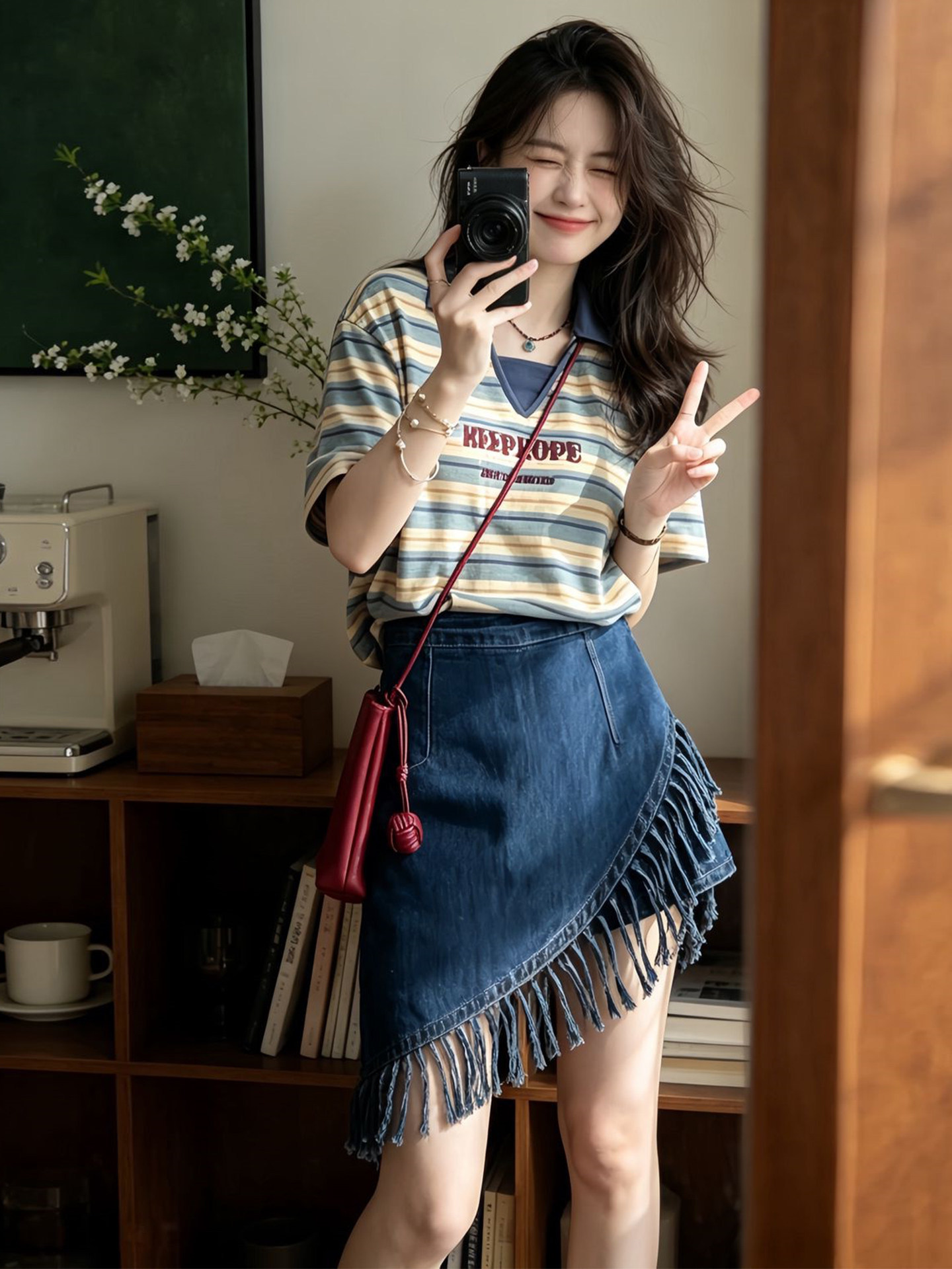 Bộ áo thun sọc ngắn tay kết hợp chân váy jean nữ phong cách Hàn Quốc — Trang chủ