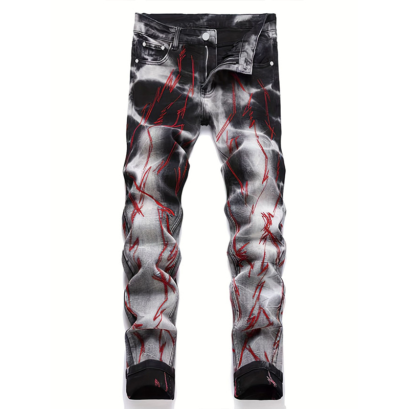 Pantalones vaqueros ajustados elásticos para hombre, bordados, de algodón de peso medio, color negro y azul, de pierna ancha y corte ajustado._voghion.com
