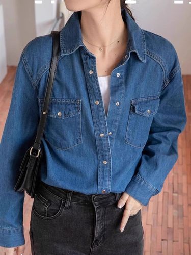 Retro Hong Kong Style Chic Blue Women's Autumn New Long-Sleeve Loose Matchable Denim Shirt Jacket