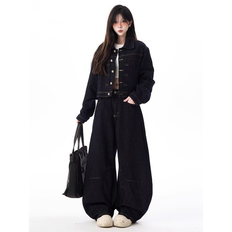 2025 American Short Denim Jacket Women's Loose Slim Design Workwear Top Denim Wide Leg Pants Suit