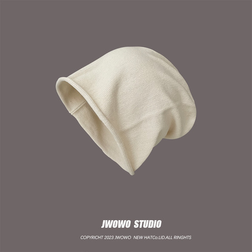Japanese solid color rolled edge pile hat for women spring and autumn Korean style loose thin knitted cold hat ear protection bag head hat for men trendy