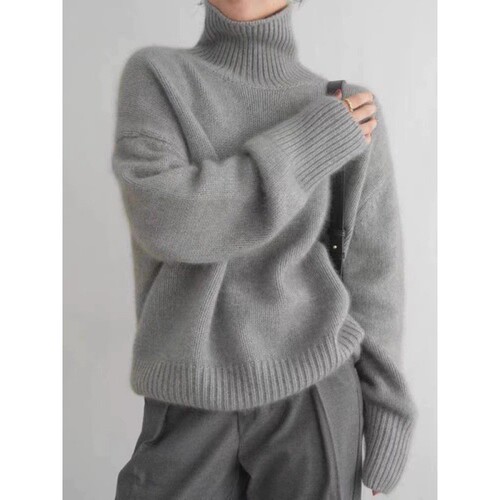 2025 Autumn/Winter Thick Solid Color Cashmere Knit Sweater Women High Neck Short Sleeve Hoodless Loose Casual Cardigan Women