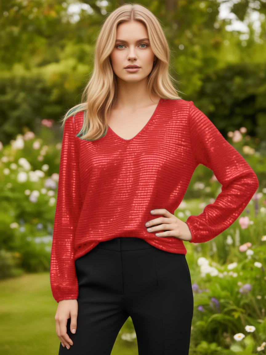 Women's Elegant Loose Fit Long Sleeve V Neck Sequin Tunic Top – Solid Color Glitter Layering Tee_voghion.com