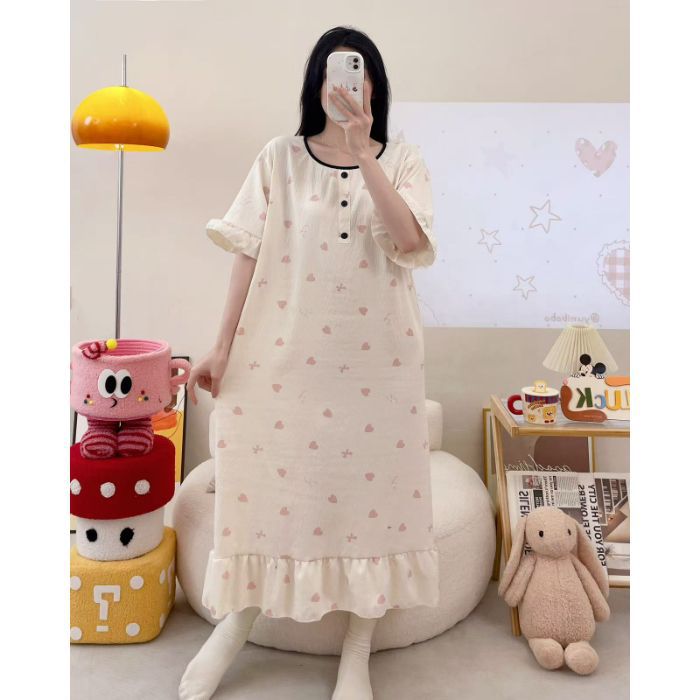 Camisón transfronterizo verano nuevo estilo femenino falda larga de manga corta dulce y linda nube de algodón estilo simple pijama de cuello redondo se puede usar afuera