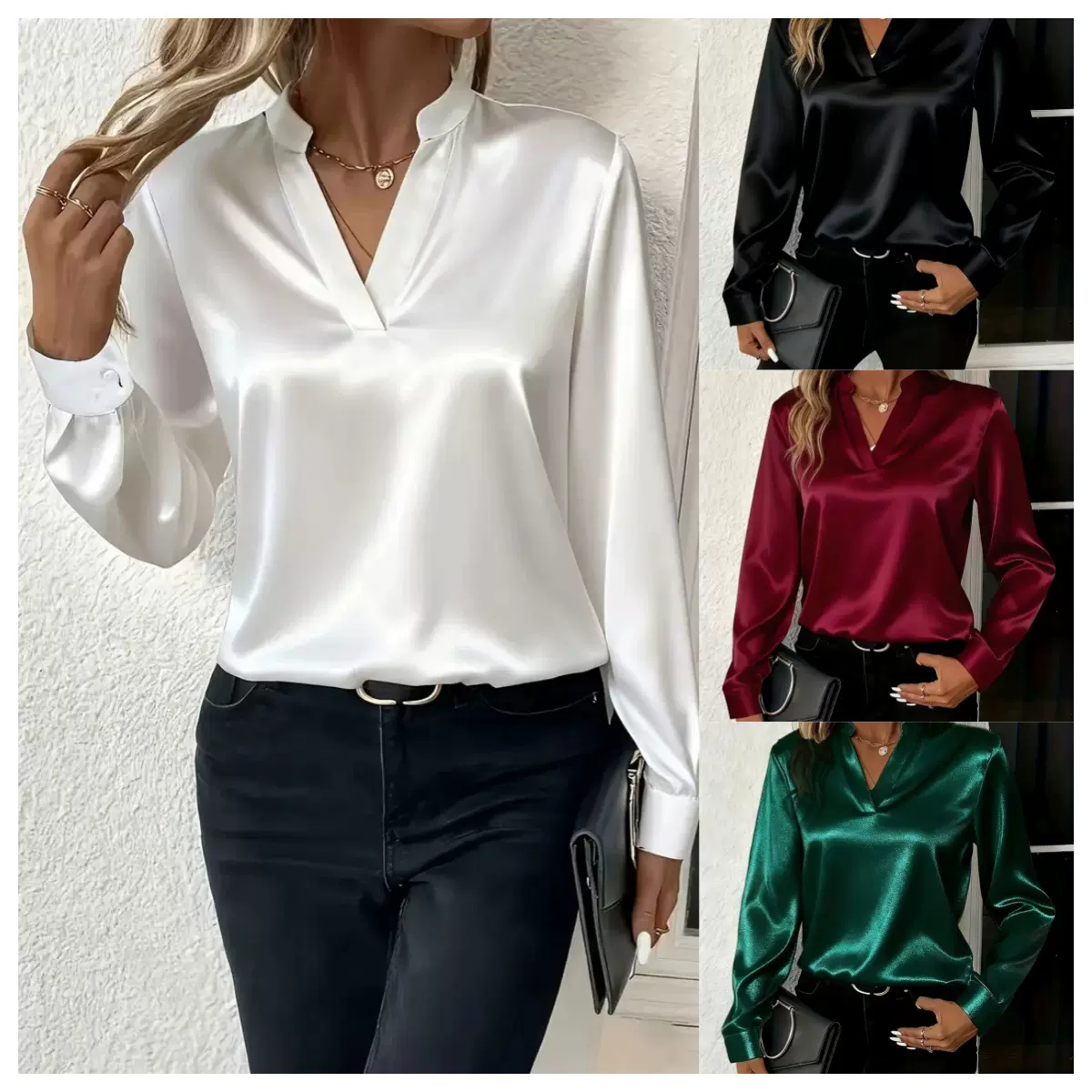 2025独立站wish亚马逊爆款 春秋季简约气质百搭V领宽松衬衫上衣女