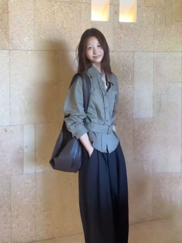 韩系设计感军绿色衬衫休闲长裤套装小众收腰显瘦气质两件套女|undefined